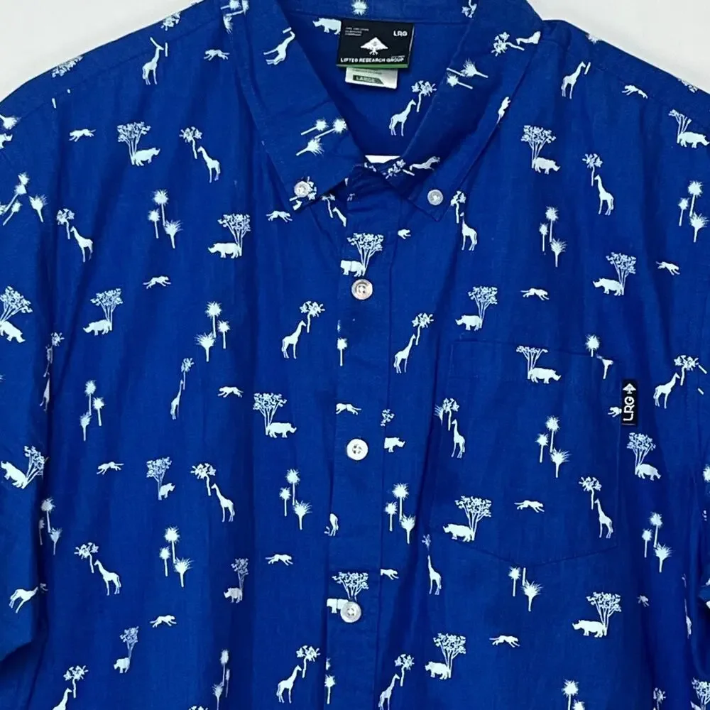 LRG Men’s XL Blue/White Safari Print Short Sleeve Button-Front Shirt Streetwear